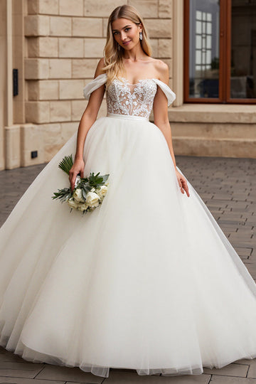 Ivory Off The Shoulder Lace Tulle Ball-Gown Wedding Dress